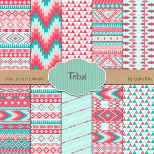 Tribales Papier: "Tribal Patterns" Coral und Turquoise Tribal, mit Dreiecke, Chevron, Pfeile, aztekisches digitales Papier, Stammesmotive