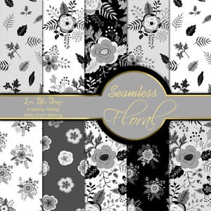 Flower Digital Paper pack, black and white floral digital paper commercial, floral digital background, gray floral scrapbook paper