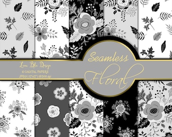 Black and White Floral Digital Paper: Seamless Scrapbook Backgrounds (JPG)