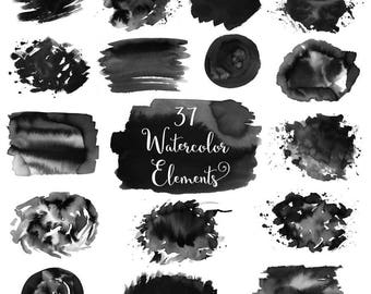 Black Watercolor Splash Clipart: Brush Stroke Graphics (PNG, 300dpi)