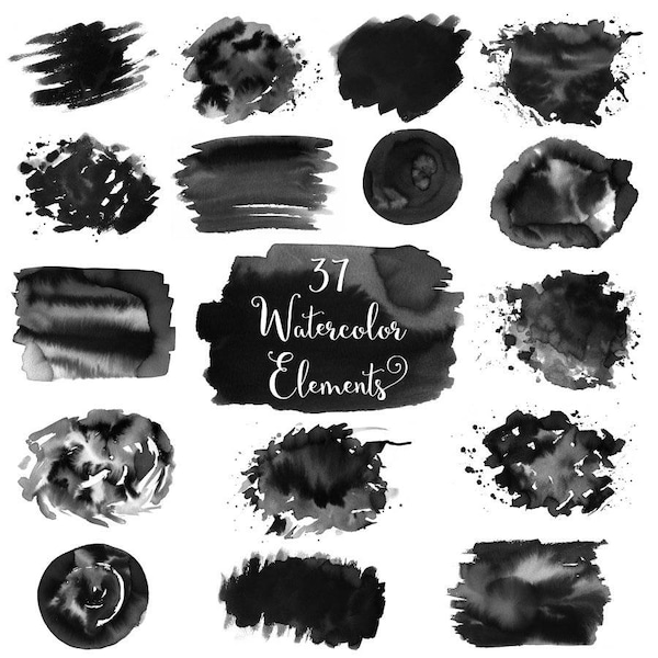 Black watercolor splash clipart, watercolor brush strokes, black watercolor splashes, splash clip art, watercolor splotches, watercolor logo