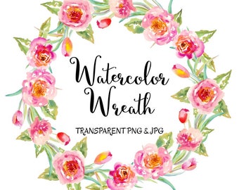 Floral Wreath clipart: "Watercolor Floral" watercolor clipart, pink floral wreath, watercolor overlay, transparent PNG, Commercial use