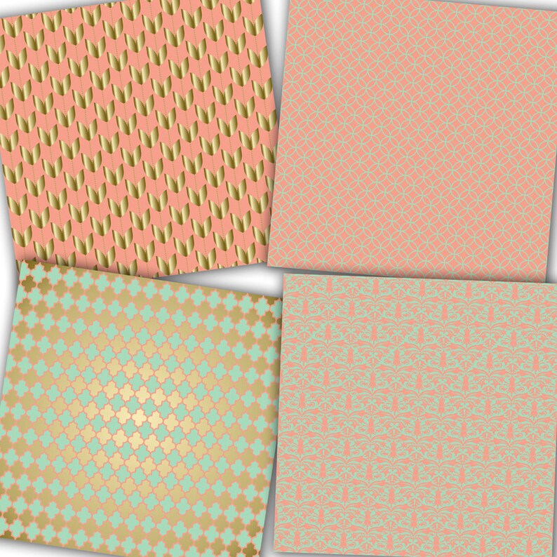 salmon cardmaking coral wedding Coral Mint and Gold Digital Paper: Coral Mint and Gold Patterns scrapbook paper scrapbooking peach
