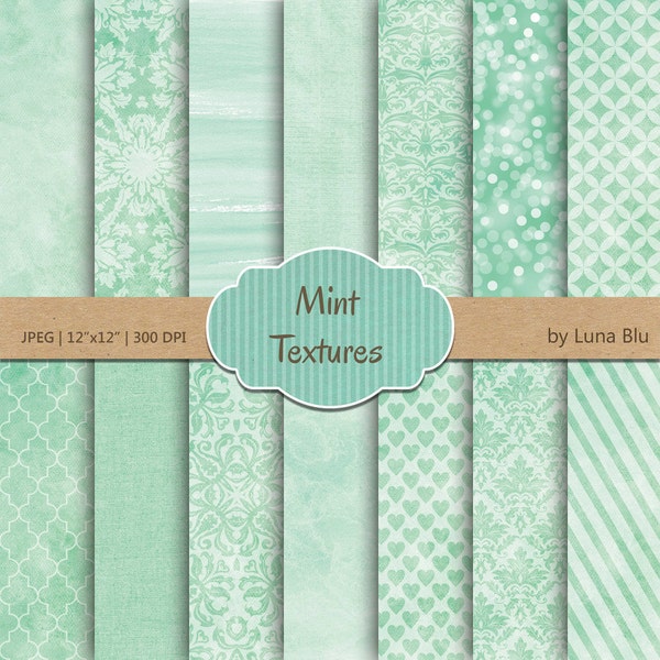 Mint Digital Paper: "Mint Textures" mint green, textured digital paper, textured backgrounds, watercolor, bokeh, linen