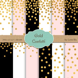 Papel digital de confeti de oro: "Confeti de lámina de oro" Blush y oro, negro blush blanco y oro papel scrapbook, confeti de oro