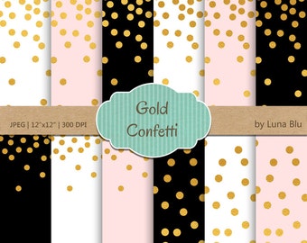 Gold Confetti Digital Paper: "Gold Foil Confetti" Blush and Gold, Black Blush White and Gold Foil Scrapbook Paper, Gold Confetti