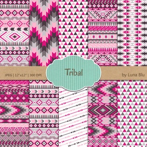 Stammes-Digital Papier: "Tribal-Muster" Rosa und grau, mit Dreiecken, Chevron, Pfeile, Schmuckhalter, aztekische digitales Papier, Stammes-designs