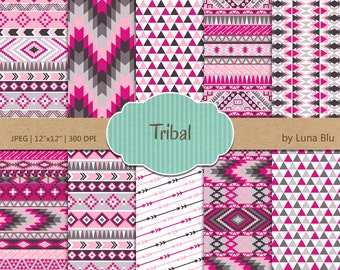 Pink and Grey Tribal Digital Paper: Aztec Geometric Patterns (Digital Download)