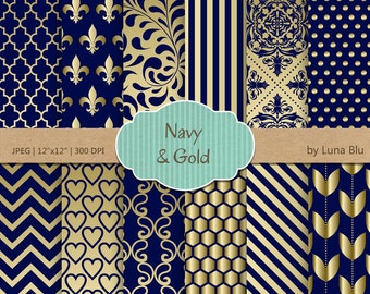 Navy and Gold Digital Paper: &quot;Navy and Gold &quot; scrapbook paper, for invitations, cardmaking, stationary, crafts, scrapbooking