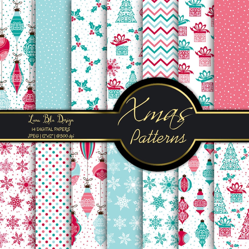 Christmas digital paper, pink and blue christmas backgrounds, christmas scrapbook paper, holiday digital paper, xmas digital paper image 1