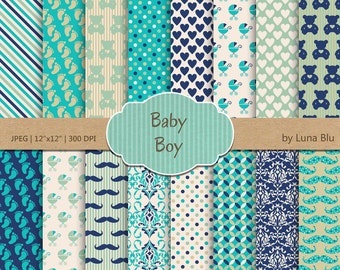 Baby Boy digital paper pack: "It's a Boy" blue green and turquoise with hearts, stars, bears, dots, damasks, baby feet, baby scrapbook paper