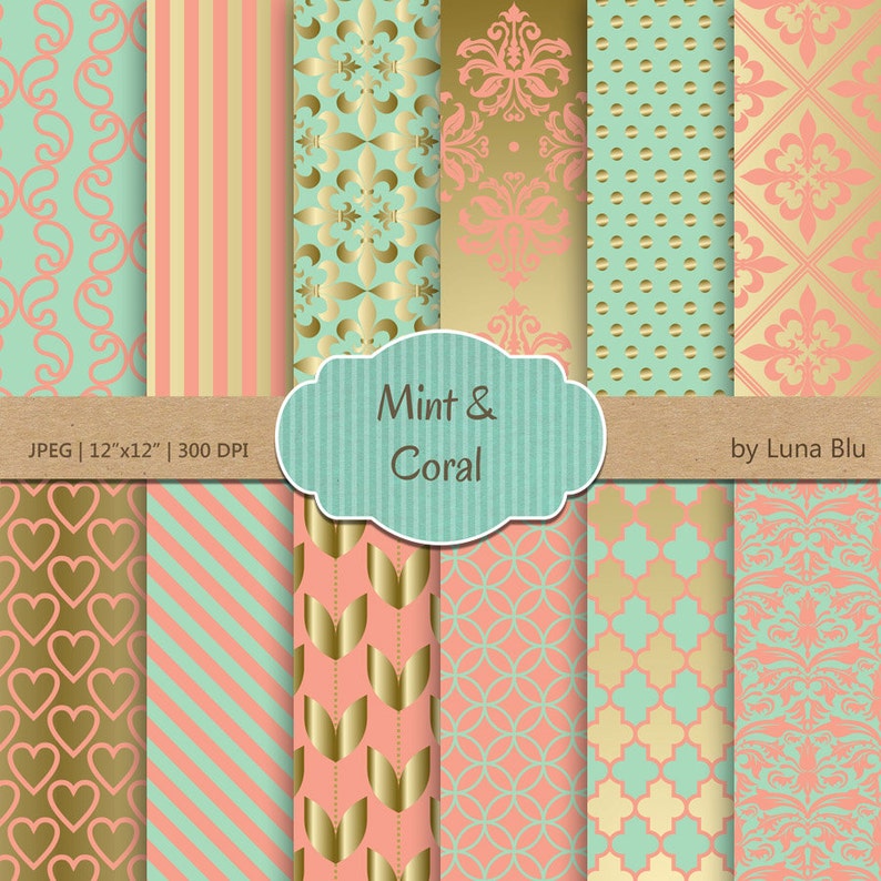salmon cardmaking coral wedding Coral Mint and Gold Digital Paper: Coral Mint and Gold Patterns scrapbook paper scrapbooking peach