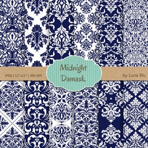 Blue Digital Paper: &quot;Midnight Blue Damask &quot; ultramarine, navy, dark blue damask digital paper for invitations, cardmaking, scrapbooking