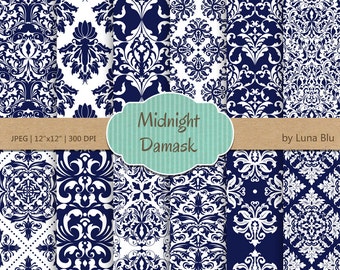 Blue Digital Paper: "Midnight Blue Damask " ultramarine, navy, dark blue damask digital paper for invitations, cardmaking, scrapbooking