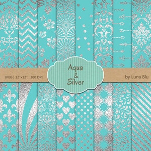 May include: A set of 12 digital paper patterns in aqua blue and silver. The patterns include chevron, floral, polka dot, damask, and more. The papers are 12 inches by 12 inches and 300 DPI.