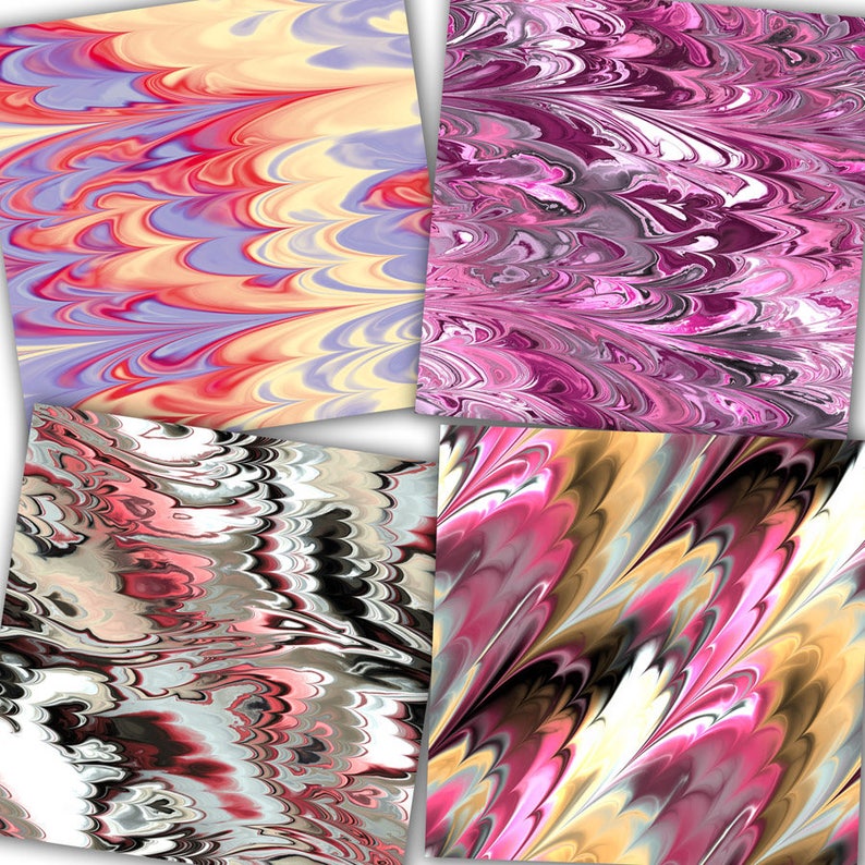 May include: Four digital paper designs with abstract swirling patterns in shades of pink, red, yellow, white, black, and gray.