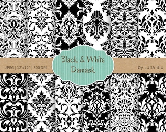 Papeles digitales con estampados de damasco en blanco y negro (descarga digital)