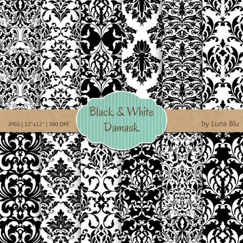 Damask Digital Paper Black and White Damask Paper 12x12 Etsy