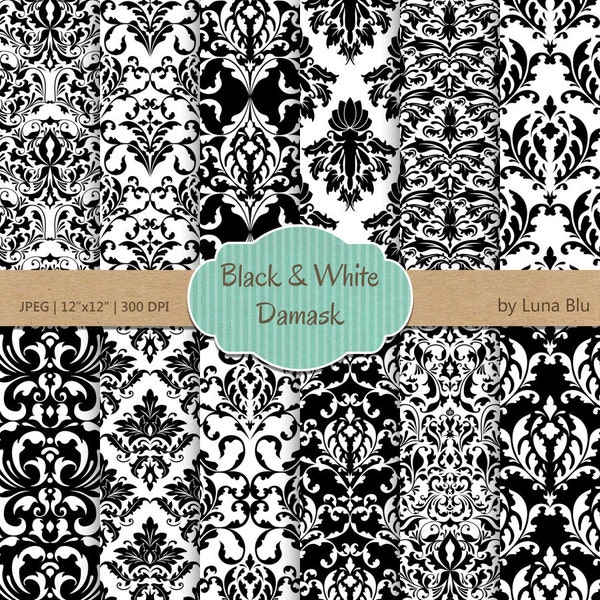 Black Damask Digital Paper: "Black and White Damasks" damask patterns, black and white digital paper, cardmaking, invitations