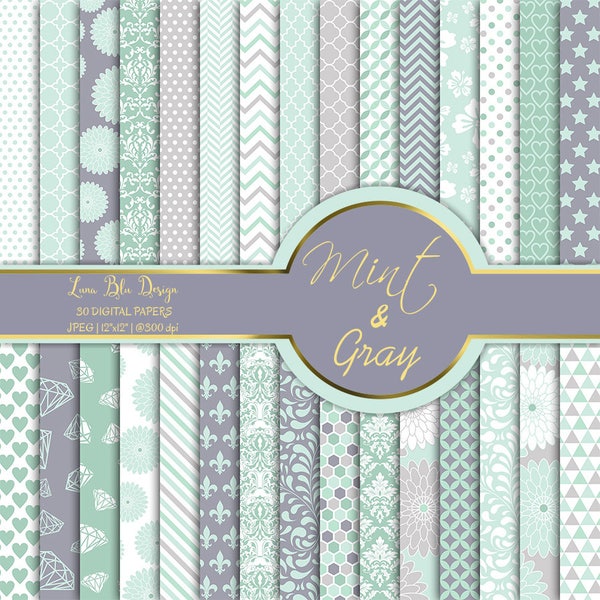 Mint and Gray digital paper commercial use, mint digital paper pack, mint scrapbook paper, mint backgrounds for cardmaking, invitations