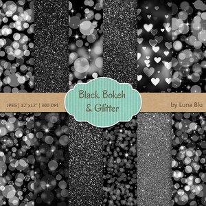 Black Digital Paper: &quot;Black Glitter and Bokeh&quot; black sparkles, black scrapbooking paper, with heart bokeh, sparkles, glitter textures