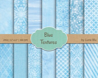 Blue Textures Digital Paper: Watercolor, Linen, Bokeh (Instant Download)