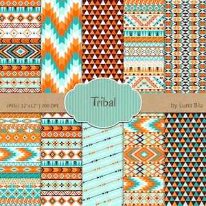 Stammes-Digital Papier: "Tribal-Muster" Braun-Orange und Türkis, mit Dreiecken, Chevron, Pfeile, aztekische digitales Papier, Stammes-Designs