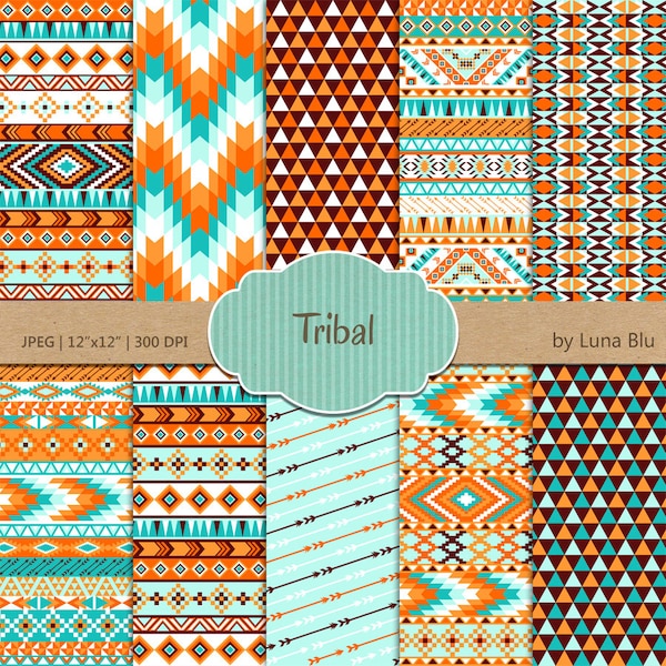 Tribal Digital Paper: "Tribal Patterns" Brown Orange and Turquoise, with triangles, chevron, arrows, aztec digital paper, tribal designs