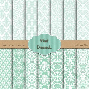Damast Digital Papier: "Mint Damaste" mint grün Scrapbook Papier, Damast Muster, Mint digitales Papier, für Scrapbooking, Cardmaking, lädt ein