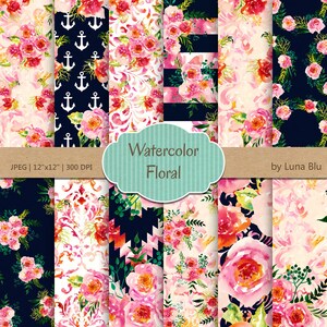 Aquarell Blumen Digitales Papier: Marine & Pink (Digitaler Download)