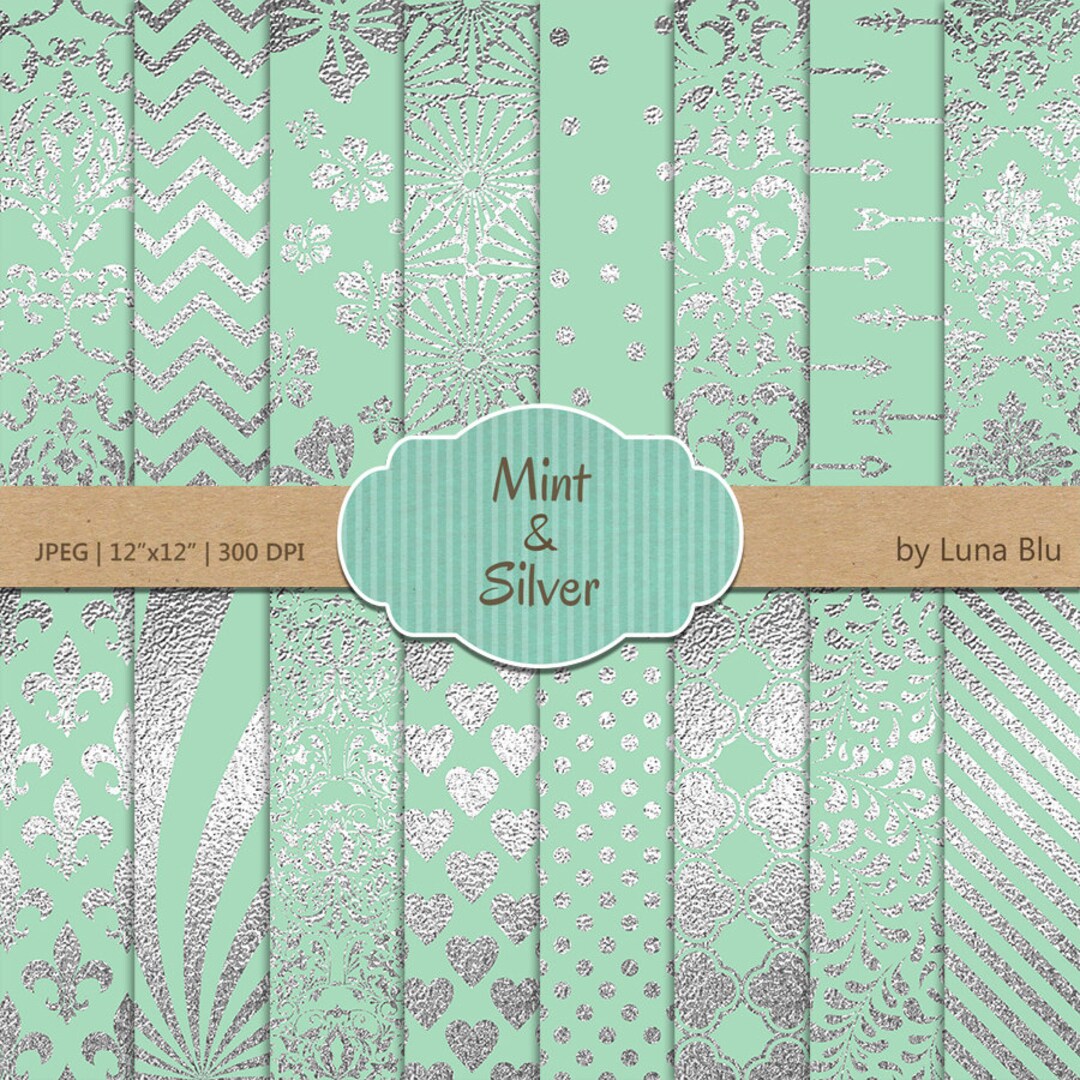 Mint & Silver Foil Digital Paper: Scrapbook Patterns (digital Download ...