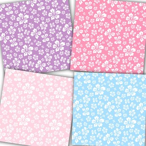 May include: Four digital paper patterns featuring white floral designs on different colored backgrounds. The patterns are purple, pink, light pink, and light blue.