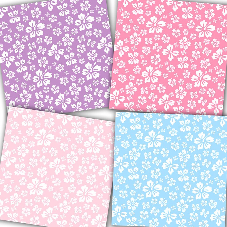 May include: Four digital paper patterns featuring white floral designs on different colored backgrounds. The patterns are purple, pink, light pink, and light blue.