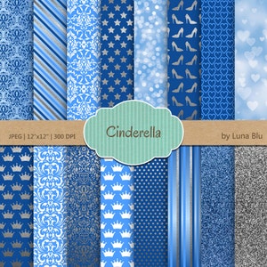 Cinderella Digital Paper Pack: "Prinzessin Digital Paper" Silber und blau, Cinderella Scrapbook-Papier mit Bokeh, Glitzer, Damast, Punkte