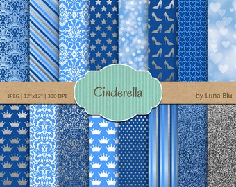 Cinderella Digital Paper pack: "Princess Digital Paper" Silver and Blue, Cinderella Scrapbook paper with bokeh, glitter, damasks, polka dots