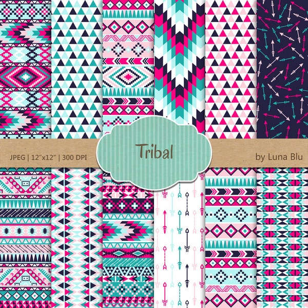 Tribal Digital Paper: " Tribal Patterns" include triangles, chevron, arrows and aztec pattern, tribal designs, patterned papers