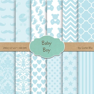 Baby Boy pack carta digitale: "È un ragazzo" luce blu con cuori, stelle, orsi, puntini, baffi, piedi del bambino, bambino album di carta