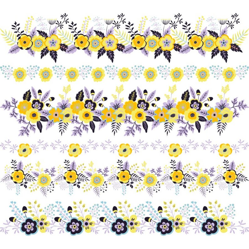 Puede incluir: Una colecci&oacute;n de dise&ntilde;os de bordes florales en un patr&oacute;n repetitivo. Los dise&ntilde;os presentan flores amarillas, negras y moradas con hojas verdes y amarillas. Los bordes est&aacute;n sobre un fondo blanco, creando una est&eacute;tica brillante y alegre.