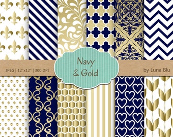 Navy and Gold Digital Paper: "White Navy and Gold " scrapbook paper, for invitations, cardmaking, stationary, crafts, scrapbooking