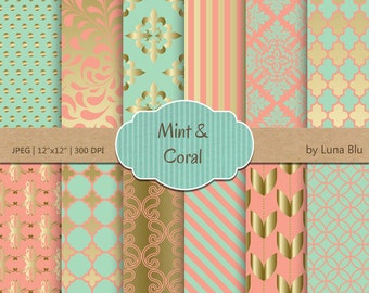 Coral Mint and Gold Digital Paper: &quot;Coral Mint and Gold Patterns&quot; scrapbook paper, geometric patterns, mint and coral wedding