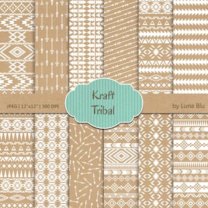 : Tribal Digital "Kraft Tribal" kraft digital papel con triángulos, flechas y Azteca patrón, diseños tribales
