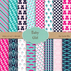 Baby-Mädchen-Papier-Pack: "Es ist ein Mädchen" pink Marine Türkis mit Herzen, Sternen, Bären, Punkten, Damast, Füße, Baby-Scrapbook-Papier