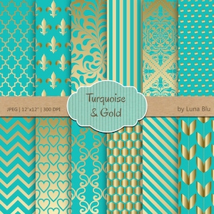 Papel digital de casamento turquesa e dourado: papel de scrapbook "Padrões turquesa e dourado", para convite de casamento, salve os cartões de data