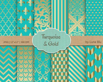 May include: A set of 12 digital paper patterns in turquoise and gold. The patterns include geometric designs, stripes, hearts, and floral motifs. The papers are 30.5 cm by 30.5 cm and 300 DPI.