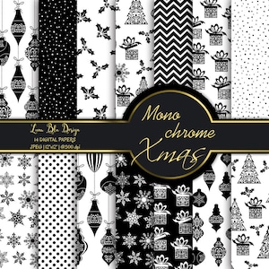 Sfondi di natale bianco e nero, monocromatico natale carta digitale, carta digitale natale nera, monocromatico papers natalizi