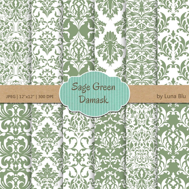 Sage Green Digital Paper sage Damask Green Etsy
