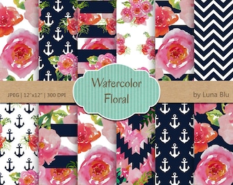 Papel digital floral de acuarela: Patrones para scrapbooking (Descarga digital)