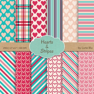 Heart Digital Paper Pack: &quot; Hearts and Stripes&quot; pink and turquoise valentine digital paper, valentine&#39;s day, valentine scrapbook paper