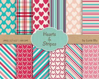 Heart Digital Paper Pack: " Hearts and Stripes" pink and turquoise valentine digital paper, valentine's day, valentine scrapbook paper