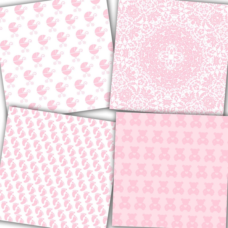 Baby Girl digital paper pack: It's a Girl light pink with hearts, stars, bears, dots, damasks, baby feet, baby scrapbook paper image 2